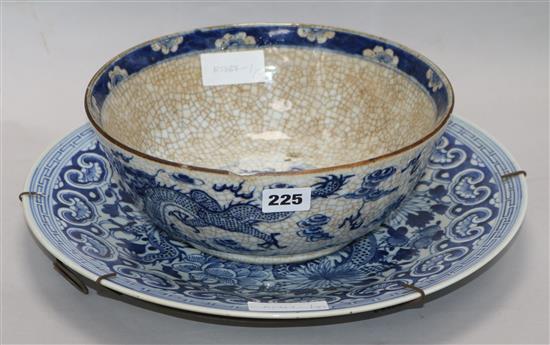 A Chinese blue and white dragon dish and a blue and white crackle glaze bowl, 19th century 37 & 26cm.